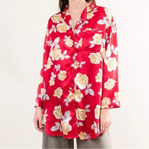 Vintage Oversized Red Floral Satin Blouse Victorias Secret Long Sleeve Sz. Large - Picture 1 of 7
